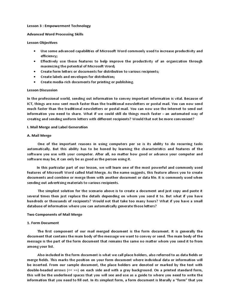 Advanced Word Processing Skills Empowerment Technologies