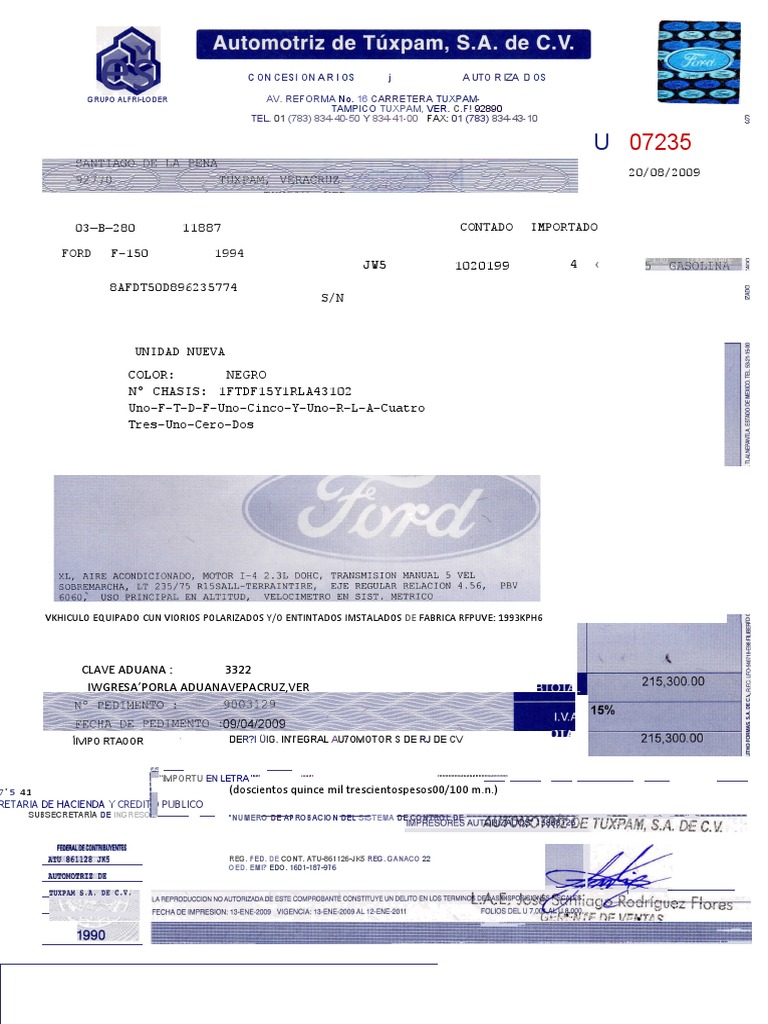 Factura Original de Camioneta Ford | PDF