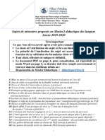 Sujets de Mémoires Proposés en Master2 Didactique Des Langues Année 2019-2020