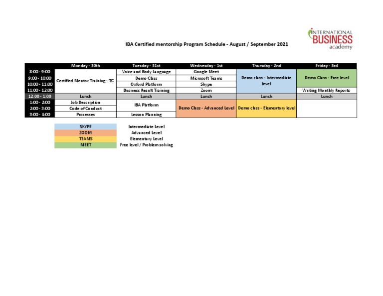 IBA Certified Mentorship Program Schedule August / September 2021 PDF