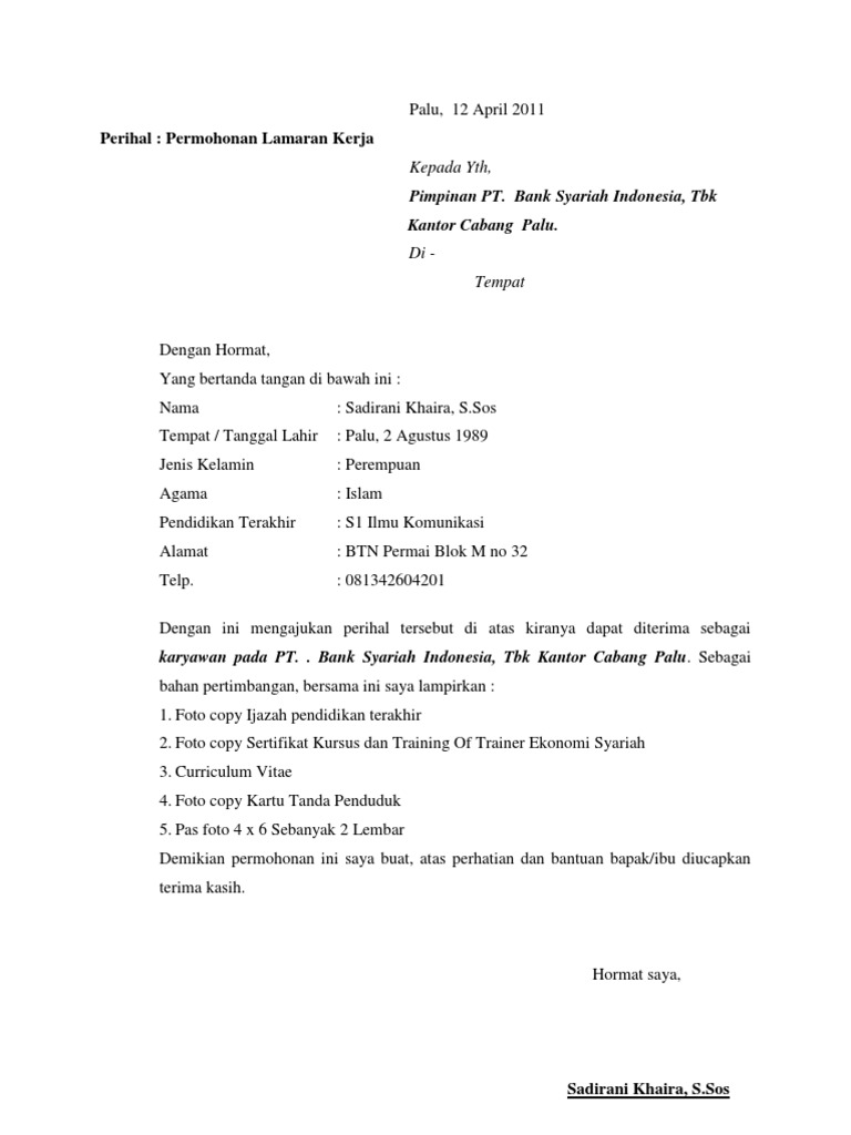 Contoh Surat Lamaran Kerja Dan CV  PDF