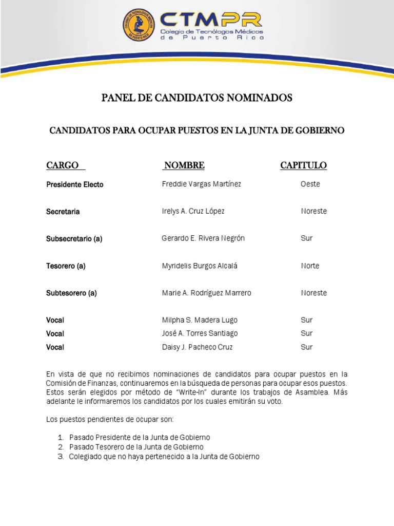 Candidatos Junta de Gobierno 2023 | PDF | Política