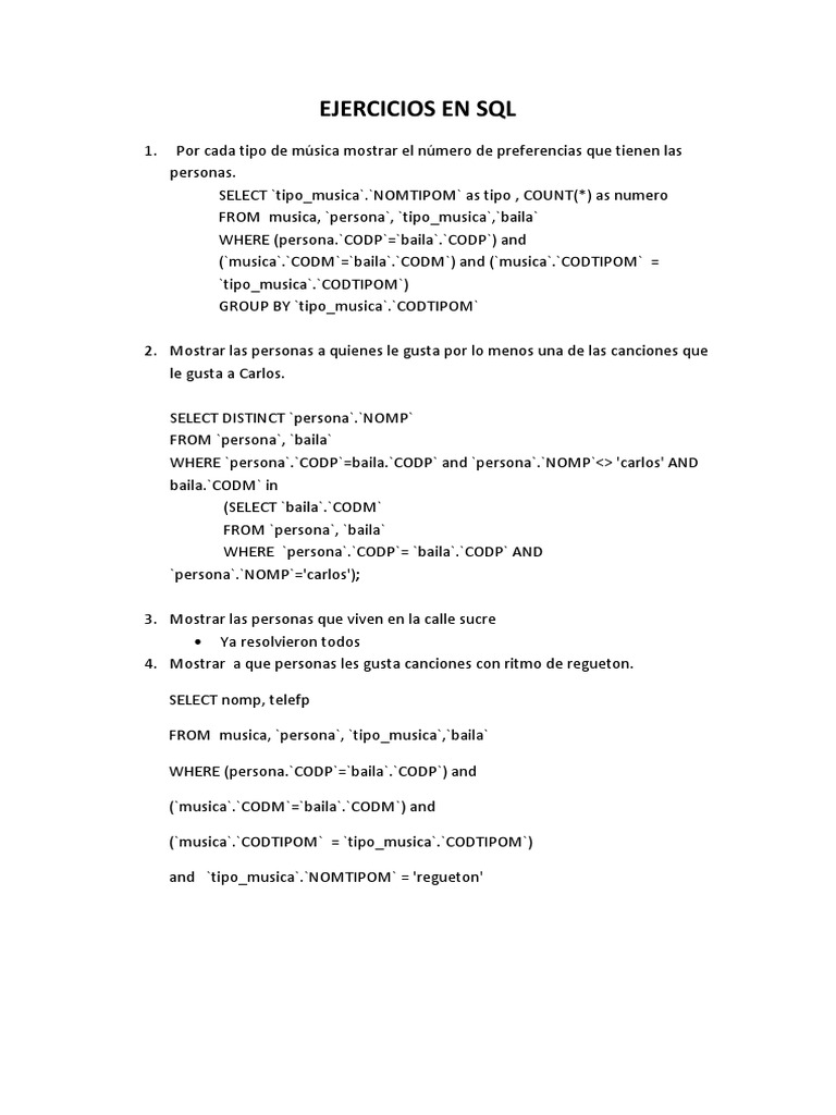 Ejercicios SQL sobre preferencias musicales | PDF | Arte