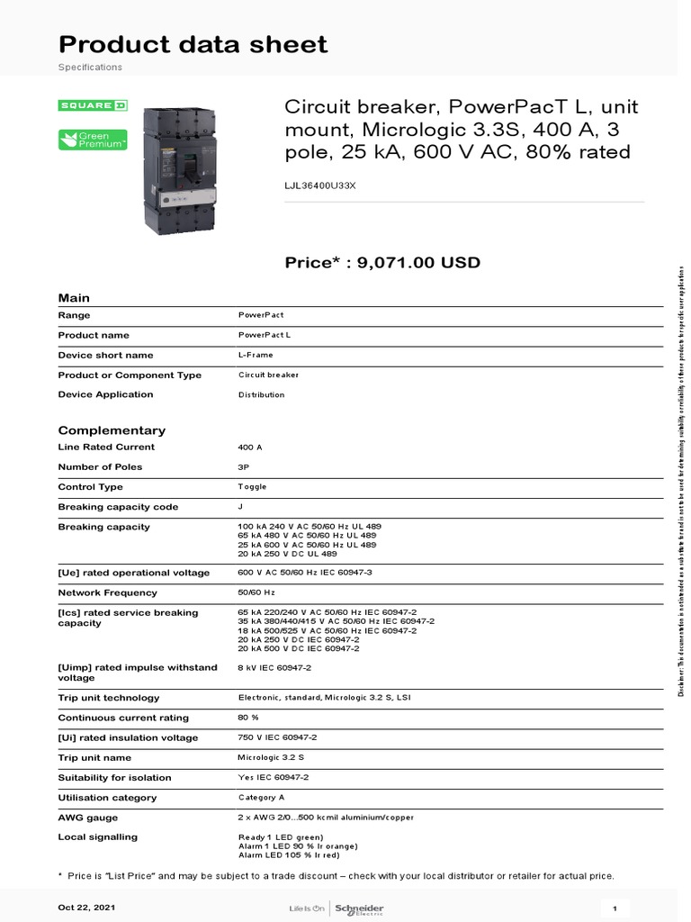 PowerPact LFrame Molded Case Circuit Breakers LJL36400U33X PDF