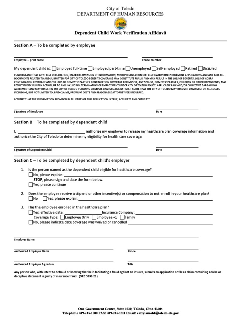 Toledo Dependent Child Work Affidavit | PDF | Employment | Insurance