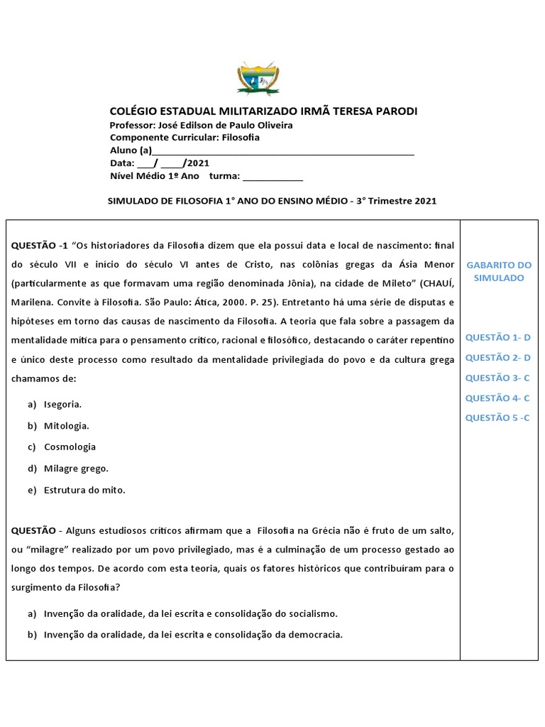 Simulado de Filosofia 1º Ano Médio | PDF | Mitologia grega