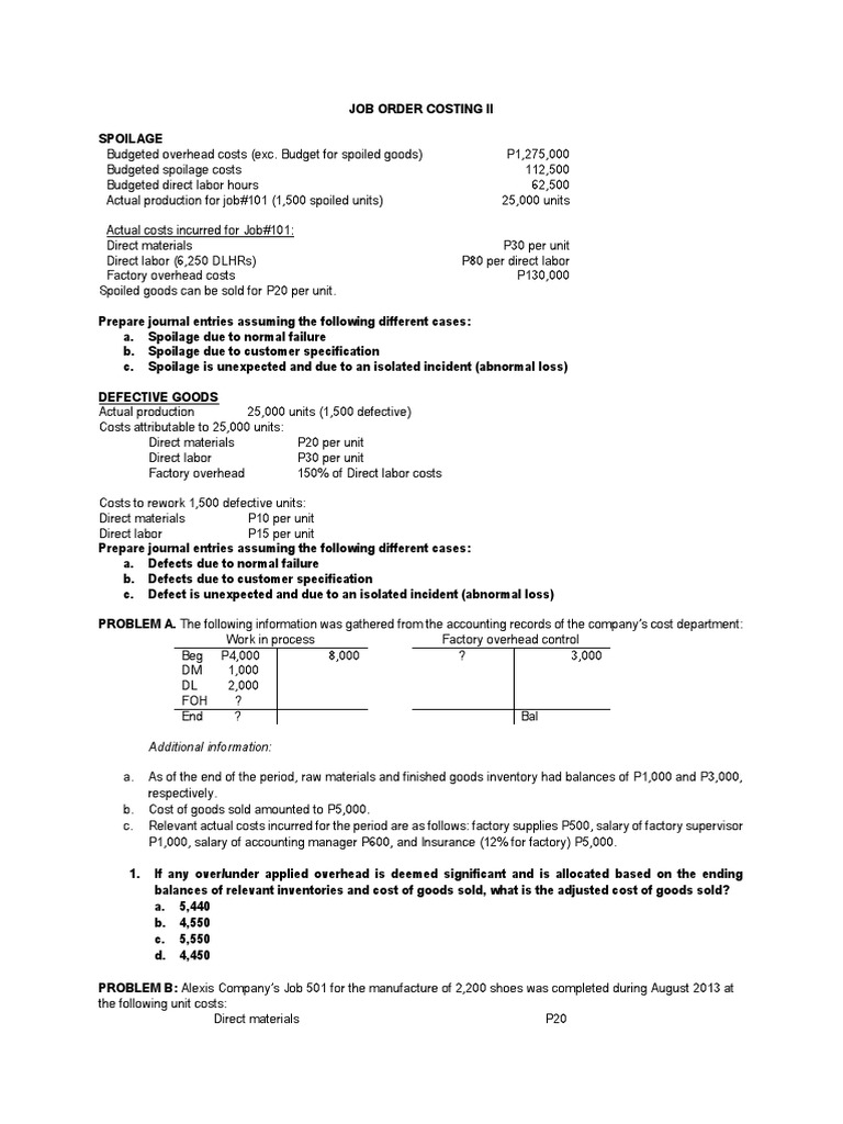 Job Order Costing Spoilage Defective - Student | PDF | Cost Of Goods ...