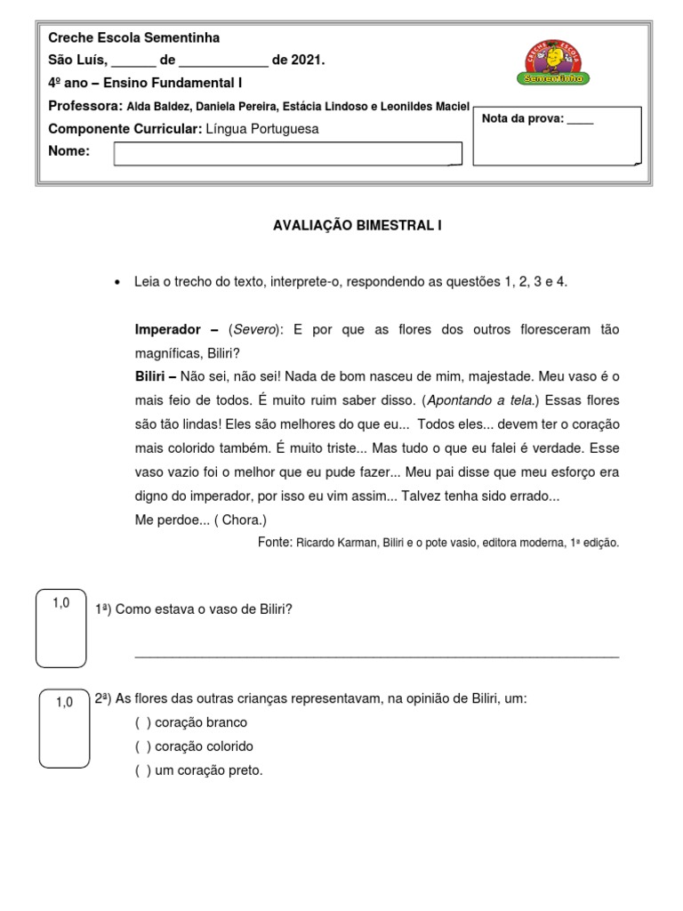 Avaliação de Língua Portuguesa - 1º Ano | PDF | Vogal | Fonema