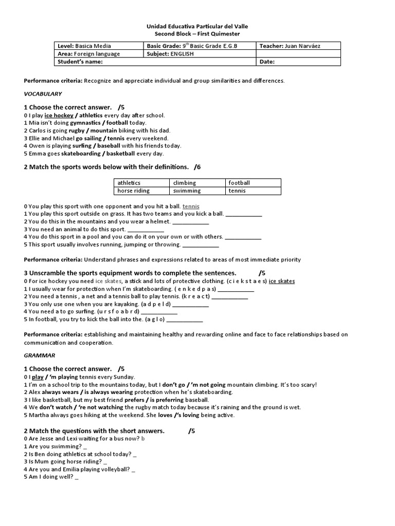 Sports Vocabulary and Grammar Exercises | PDF | Sports