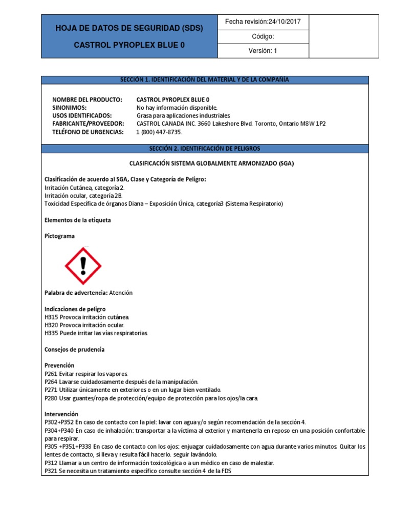 Castrol Pyroplex Blue 0 FDS | PDF | Toxicidad | Residuos