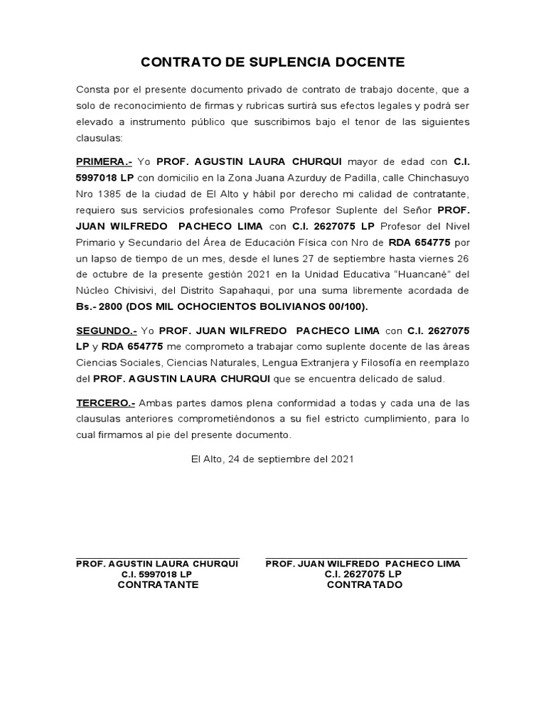 Contrato de Suplencia Docente 2021 | PDF