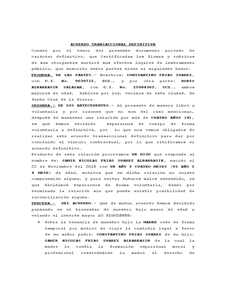 Acuerdo Transaccional de Custodia Bolivia | PDF | Justicia | Crimen y ...