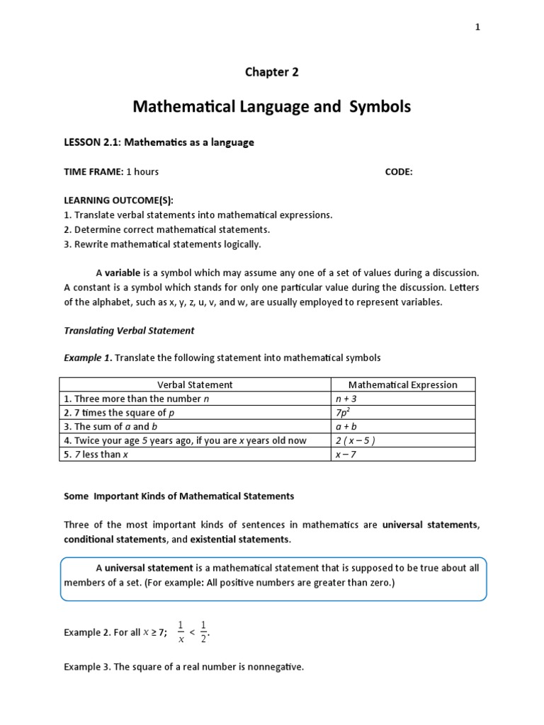 Mathematical Language and Symbols: LESSON 2.1: Mathematics As A ...
