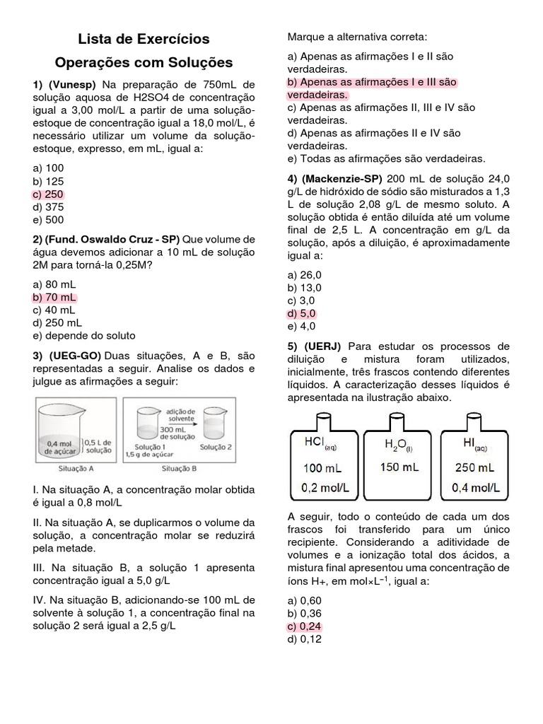 Exercícios sobre Diluição de Soluções | PDF | Concentração | Solução