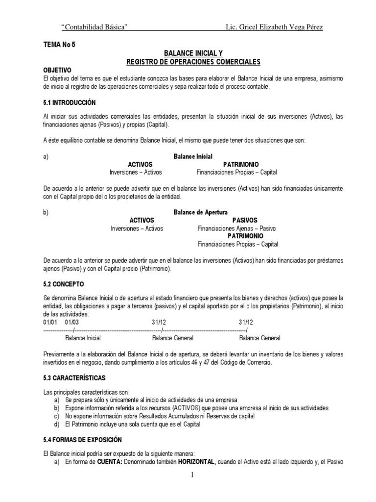 Tema No 5 Balance Inicial | Descargar gratis PDF | Contabilidad | Hoja ...