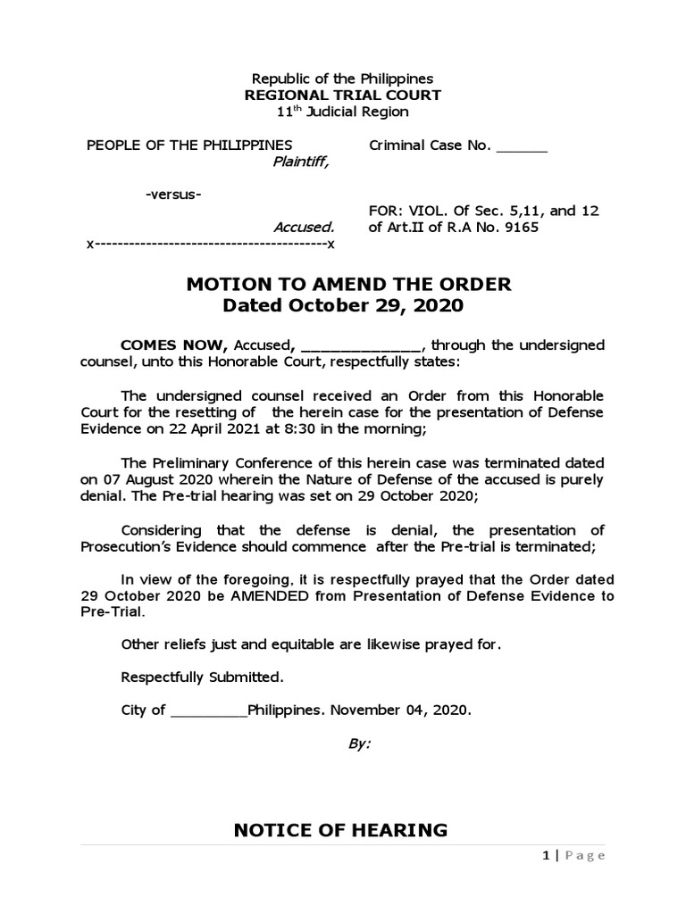 Motion to Amend Court Order for Pre-Trial | PDF