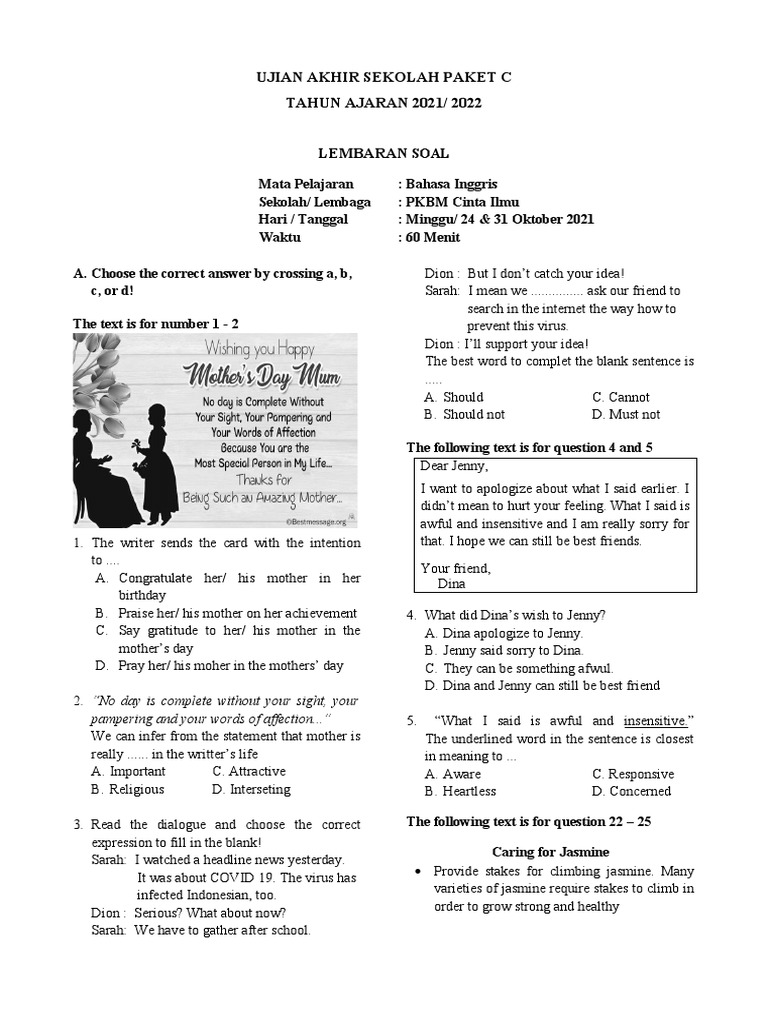 Soal Uts 1 Bahasa Inggris Paket C 2021 Pdf