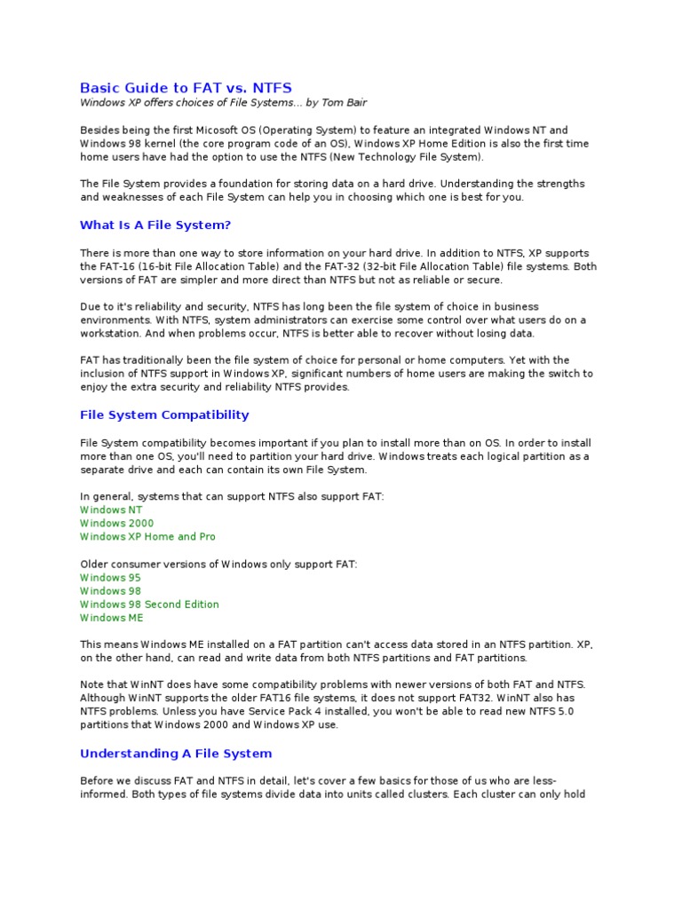 FAT vs. NTFS: File System Comparison | PDF | File System | Computer File