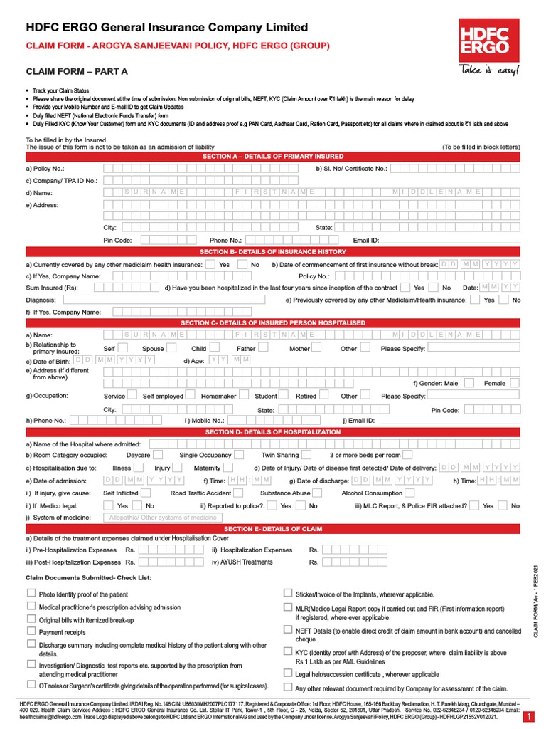 HDFC ERGO General Insurance Company Limited Claim Form Part A PDF