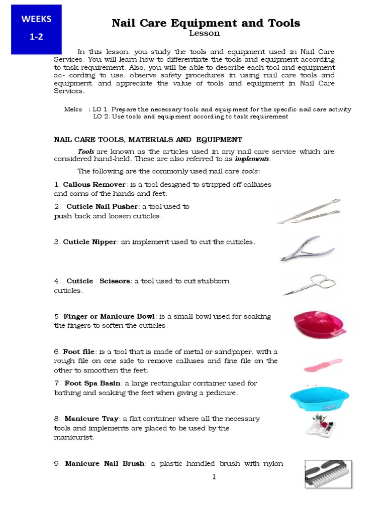 Nail Care Equipment and Tools Week 1 Grade 7 PDF Nail (Anatomy) Chair