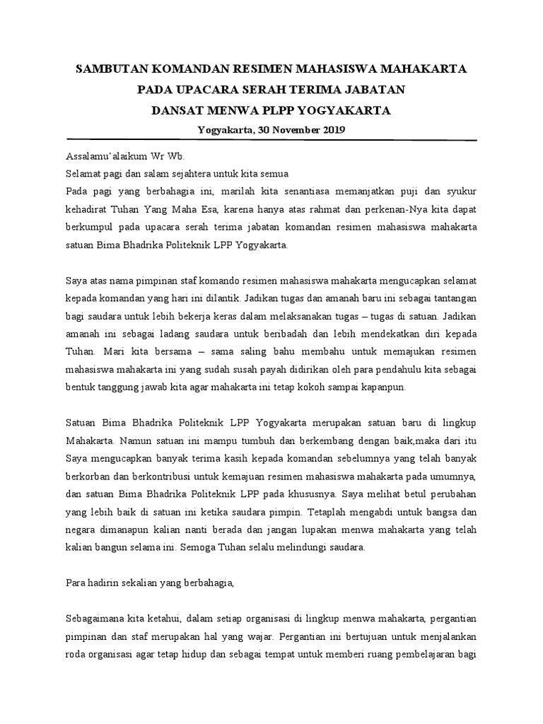 Sambutan Komandan Resimen Mahasiswa Mahakarta | PDF