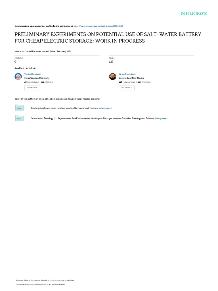 Preliminary Experiments On Potential Use of Salt-Water Battery For ...