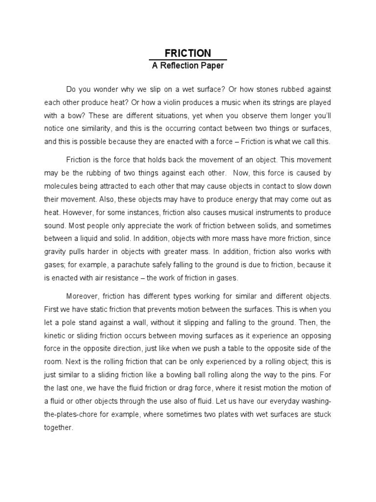 A Reflection Paper On Friction For Physics | PDF