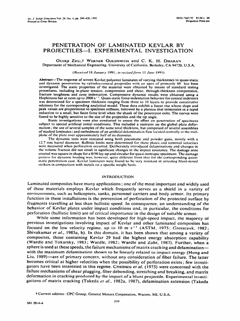 1992 of Laminated Kevlar by Projectiles IExperimental