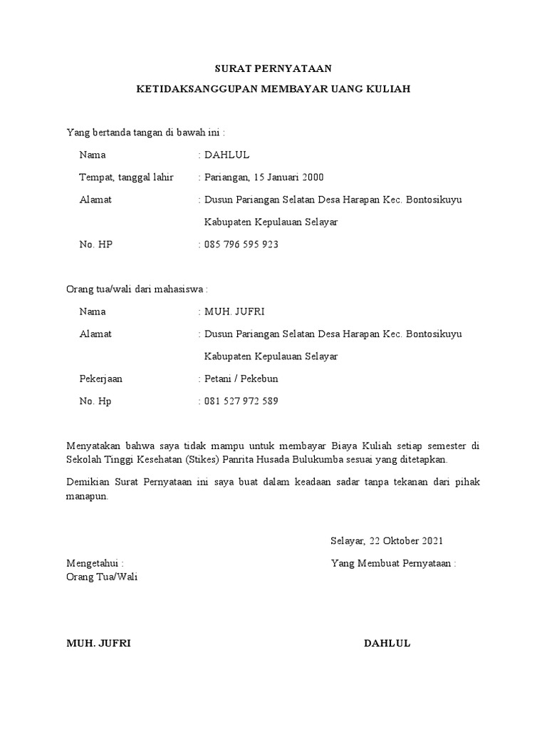 SURAT PERNYATAAn Ketidaksanggupan Membayar Uang Kuliah | PDF