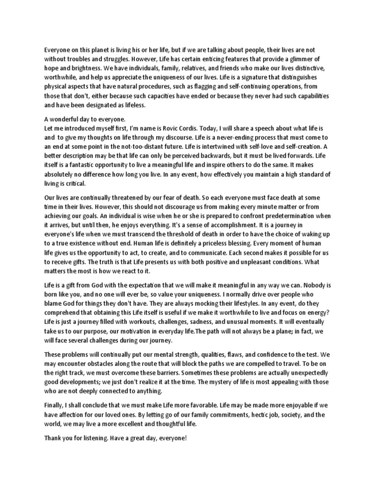Speech About Life Pdf Psychology Human Nature
