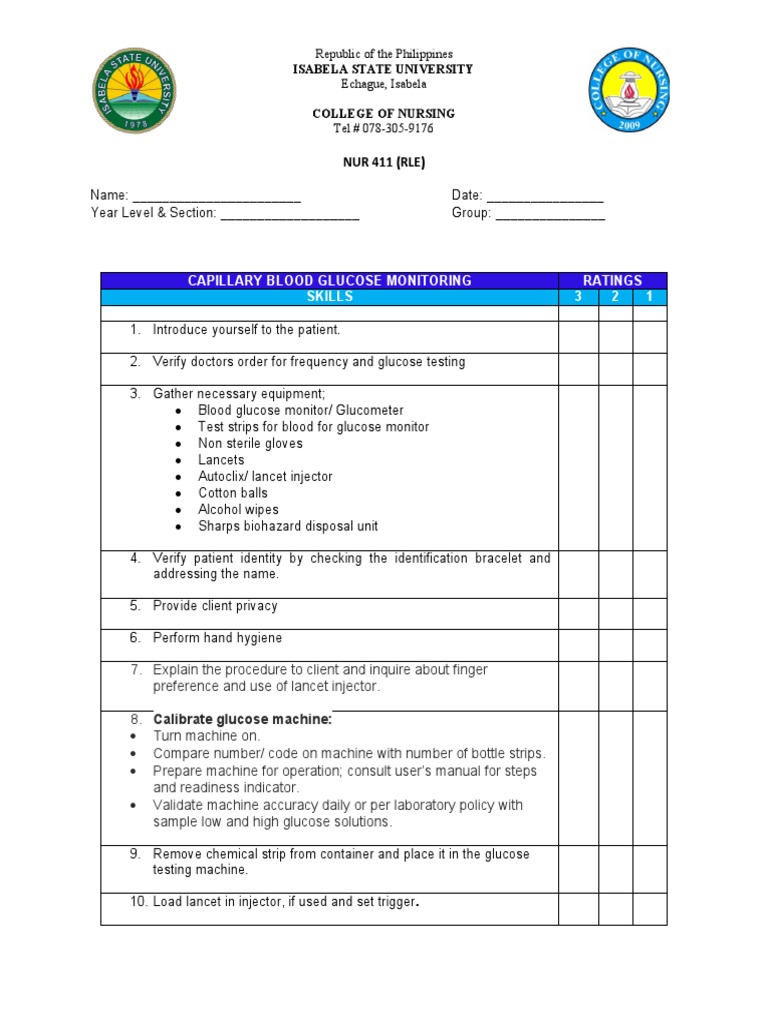 Cappilary Blood Glucose Monitoring Checklist PDF Medical