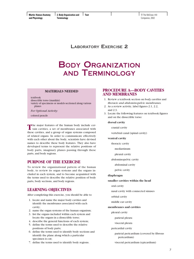 Laboratory 2 Body Organization and Terminology PDF Human Body Anatomical Terms Of Location
