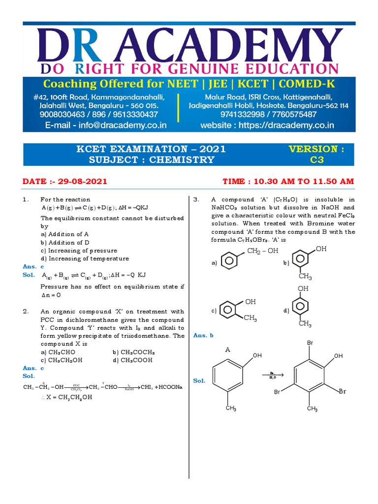 Chemistry Kcet 2021 Pdf Acid Chemical Reactions