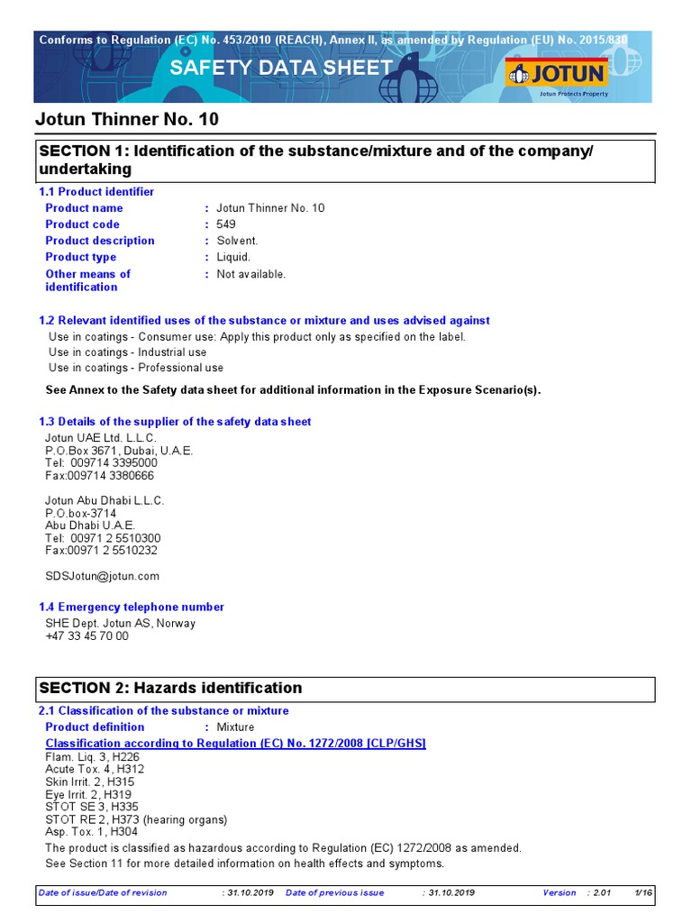 MSDSJotun No.10 Thinner PDF Toxicity Waste Management