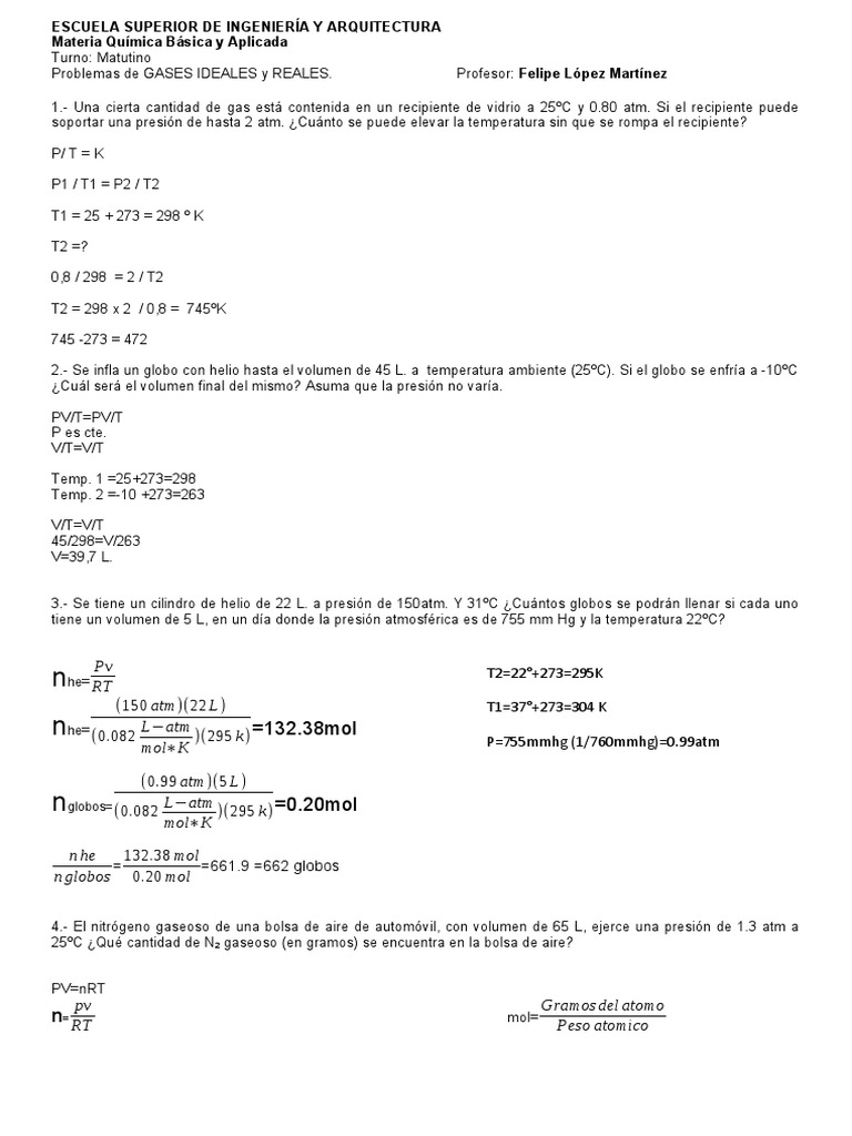 Problemas de Gases Ideales y Reales | PDF | Gases | Mole (Unidad)