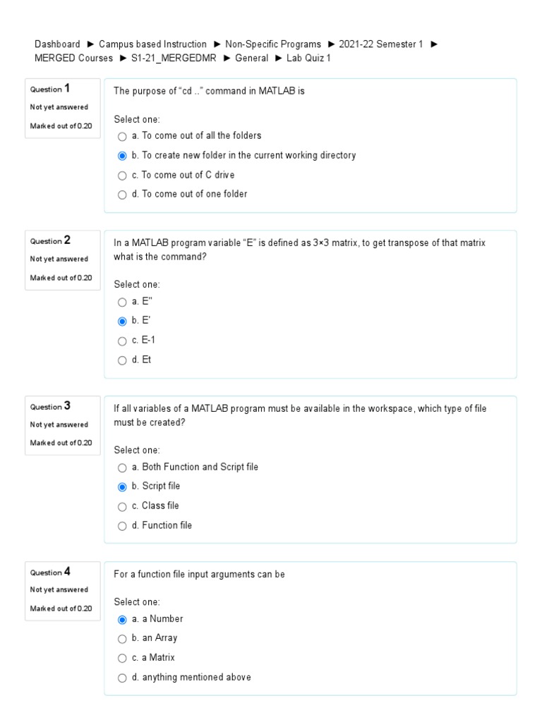 Lab Quiz 1 PDF Matlab Software