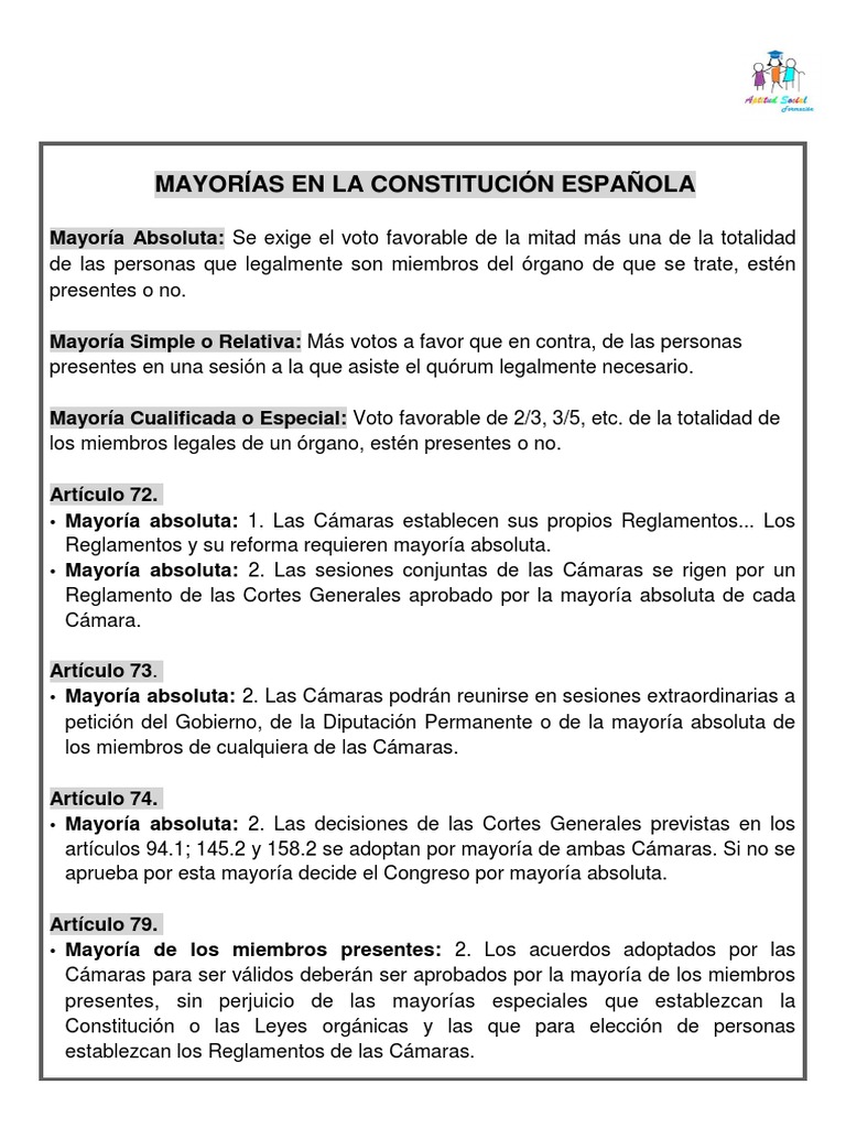 Tipos de Mayorías en la Constitución Española | PDF | Instituciones ...