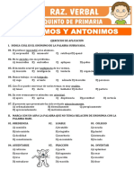 Ejercicios de Sinonimos y Antonimos para Quinto de Primaria