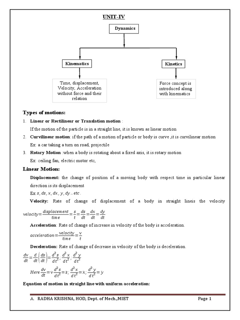 Unit-Iv: Velocity Displacement Time S T Ds DT DX DT Dy DT | PDF ...