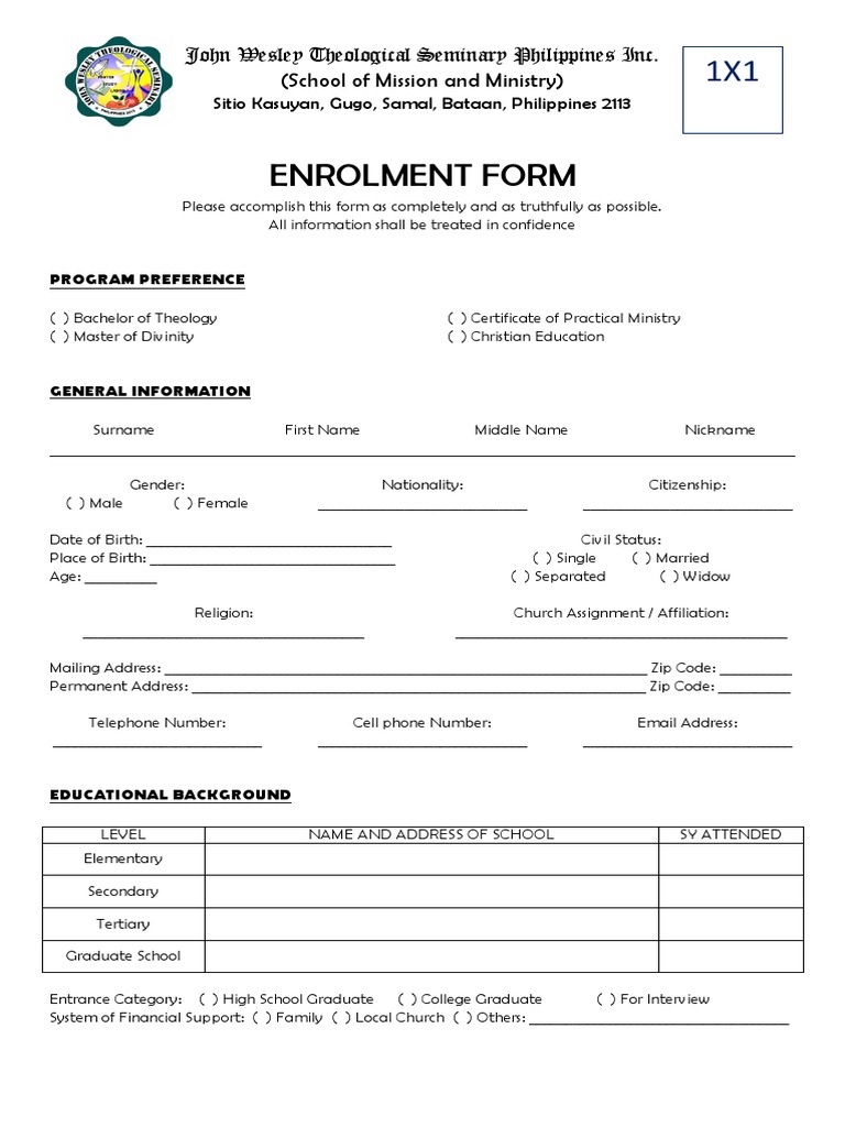 Enrolment Form: John Wesley Theological Seminary Philippines Inc ...
