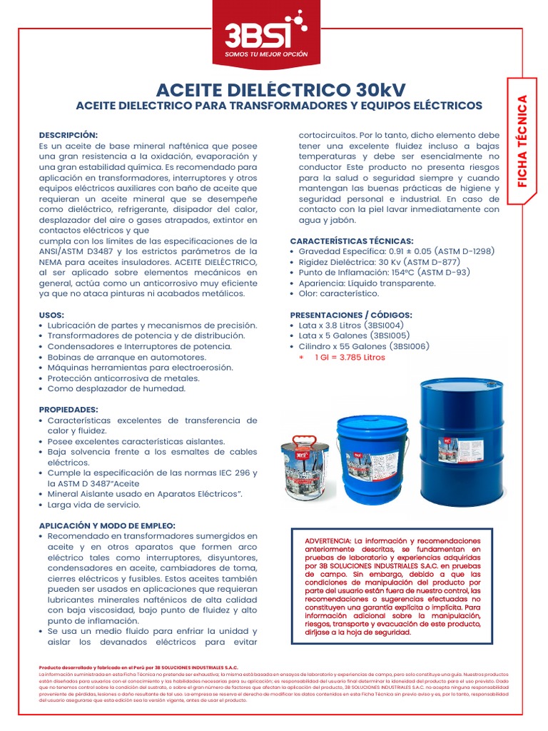 Aceite dieléctrico 30kV: Ficha técnica de un aceite mineral para