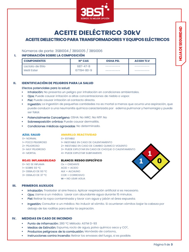 Hoja de Seguridad Aceite Dieléctrico | PDF | Agua | Residuos
