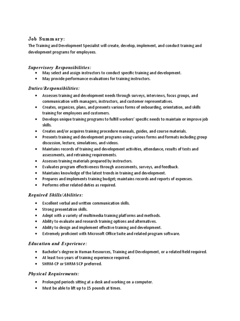 TRAINING AND DEVELOPMENT SPECIALIST EDUCATION REQUIREMENTS visual data 3