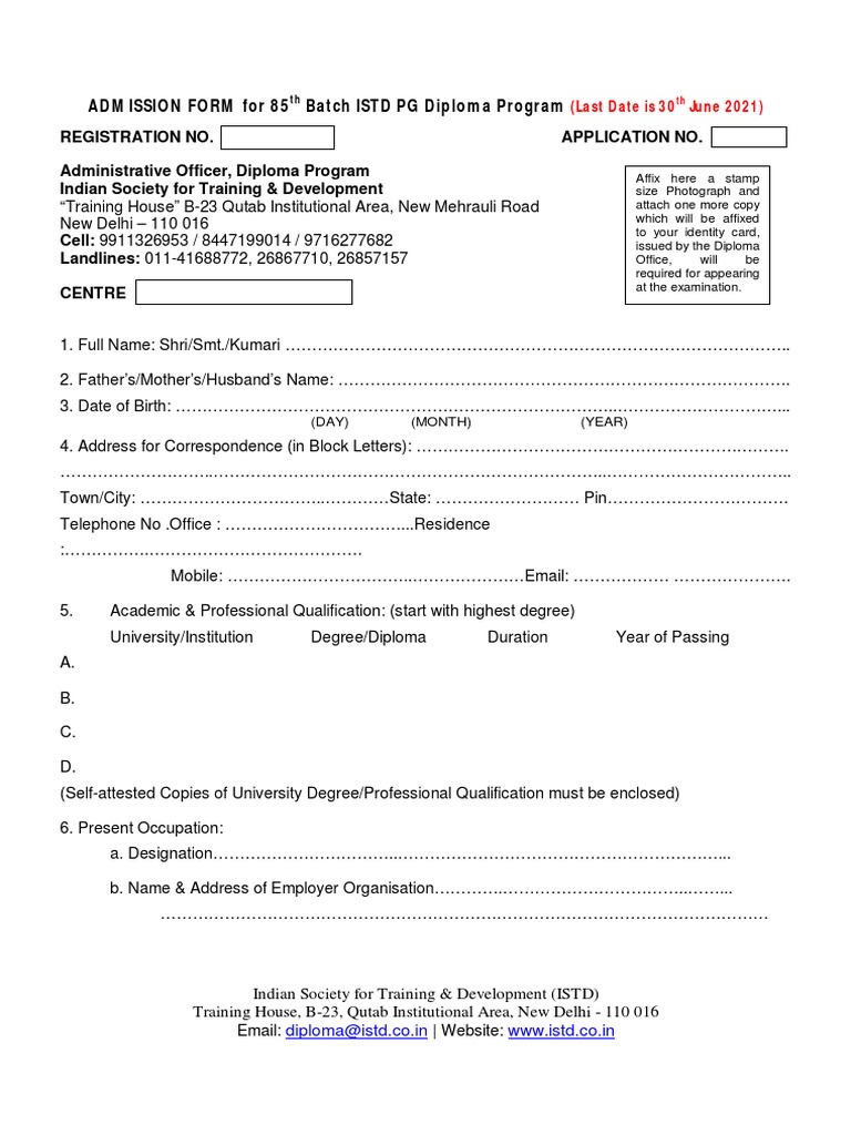Admission Form For 85 Batch ISTD PG Diploma Program | PDF | Academic ...