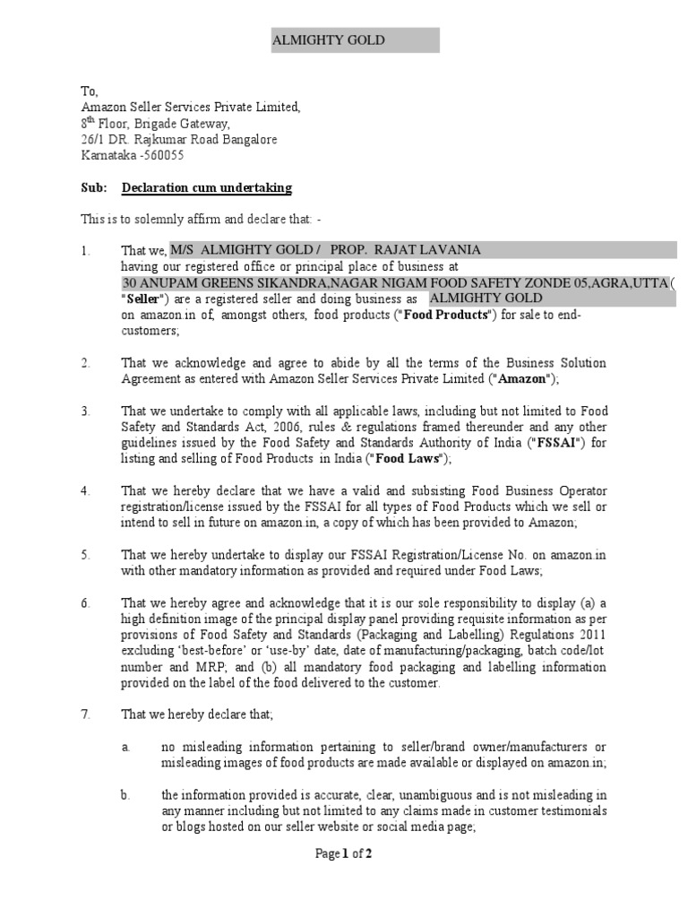 FSSAI - Seller - Declaration - Document. - CB1198675309 - SELF CORRECT ...