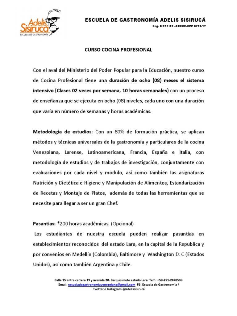 Curso de Cocina Profesional en Barquisimeto | PDF | Artes culinarias ...