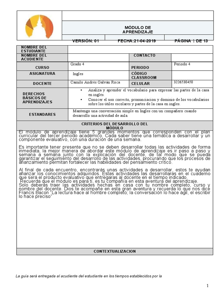 Módulo de Inglés para Cuarto Grado | PDF | Aprendizaje | Modificación ...