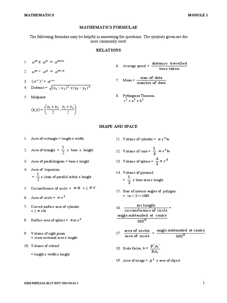 Essential Geometry and Measurement Formulas | PDF | Area | Length