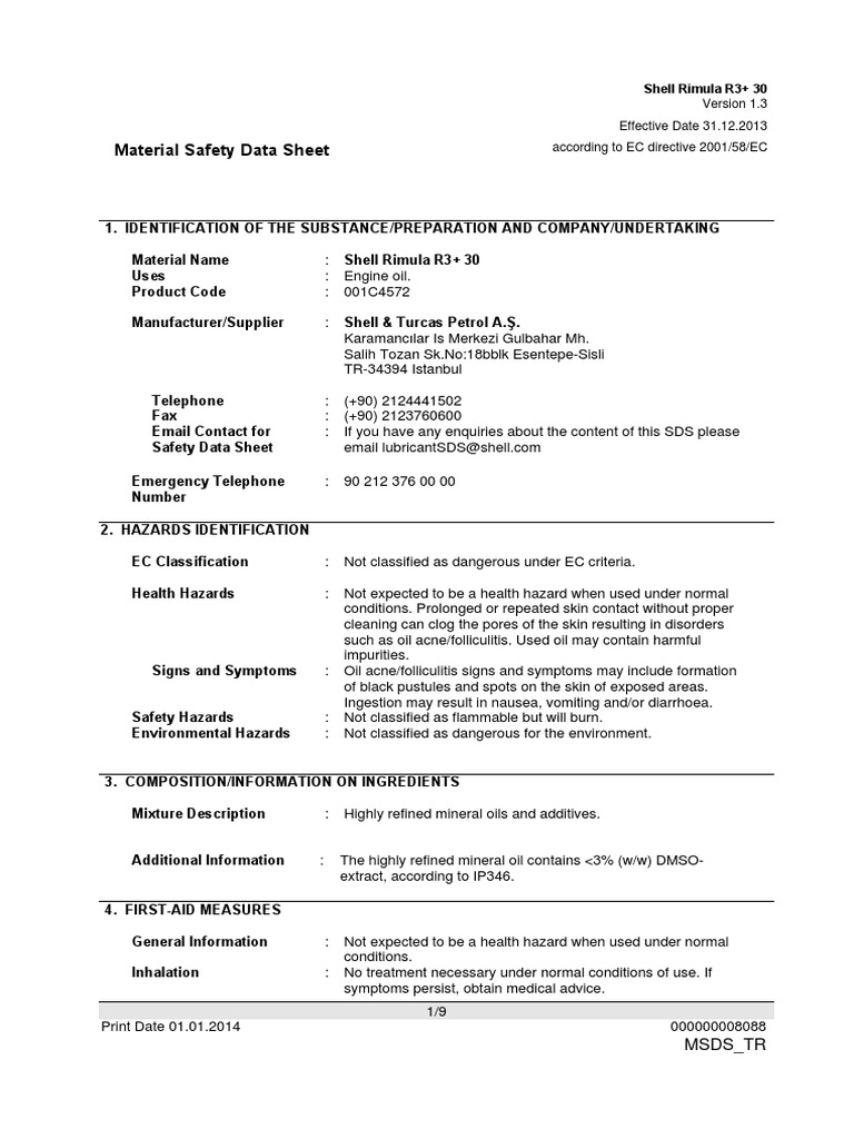 Shell Rimula R3+ 30 MSDS Overview | PDF | Toxicity | Personal ...