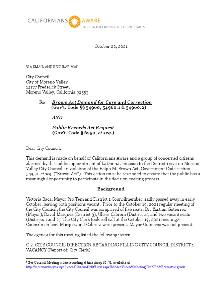 Californians Aware Letter To Moreno Valley | PDF | City Council ...